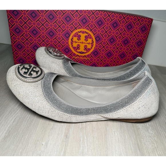 Tory‎ Burch Ballet Flats White Glitter Embellished Logo Women Size 8M - Picture 3 of 12